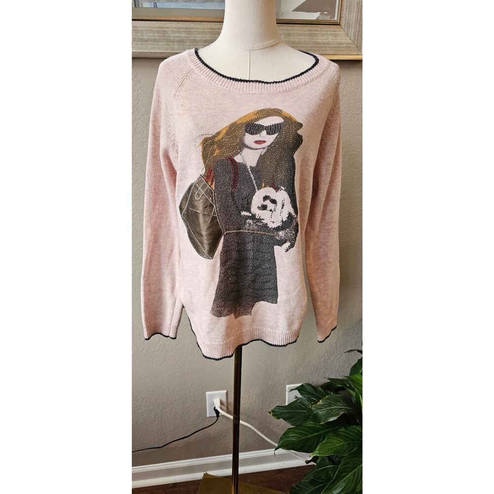 Gabby Isabella Graphic Dog Patchwork Jeweled‎ Pullover Sweater Women Size L Pink